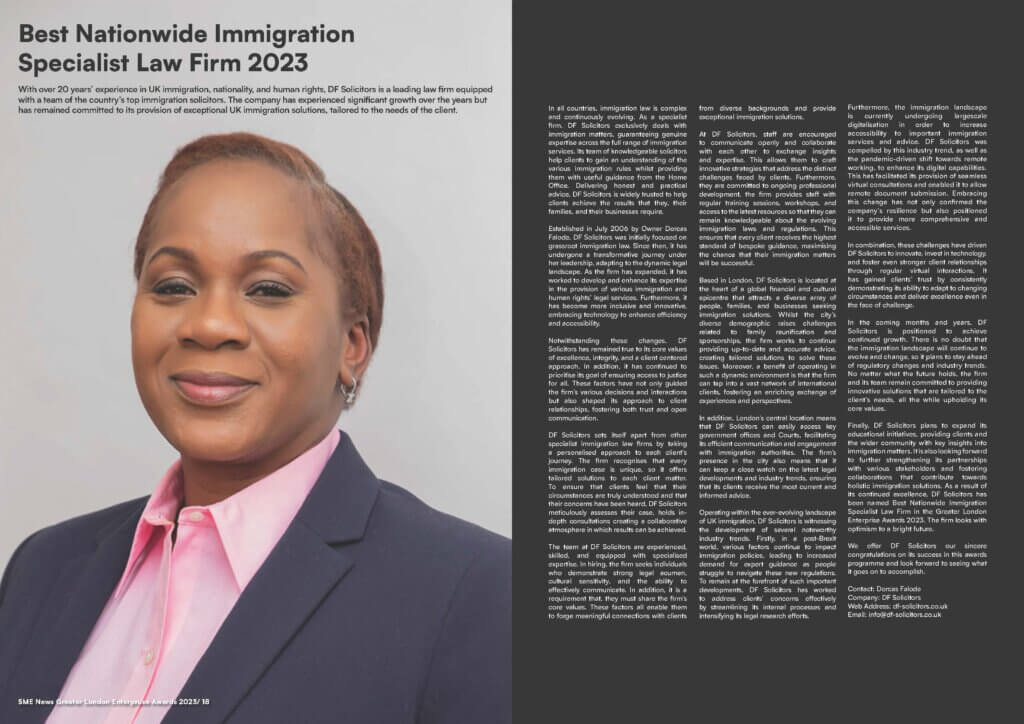 dorcas wuraola falode df solicitors greater london enterprise awards 2023 best nationwide immigration specialist law firm 2023 award